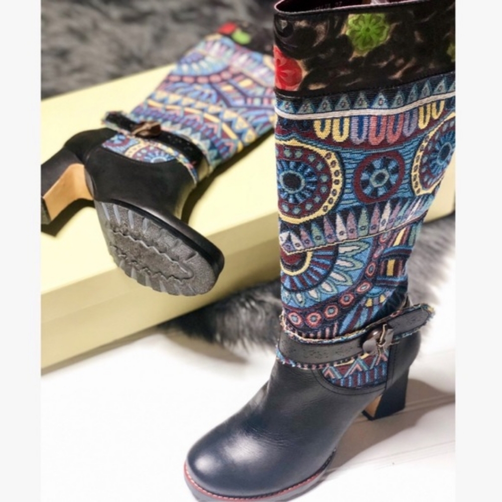 L’ARTISTE Floral Black Heeled Leather Riding Boots